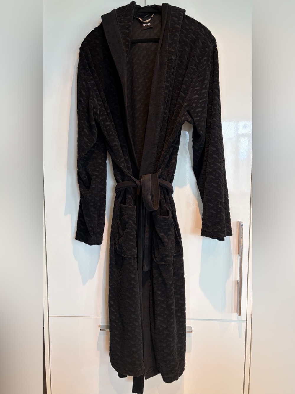 HUGO BOSS Black Hooded Terry cloth Bath Robe with Subtle Pattern Unisex Size L